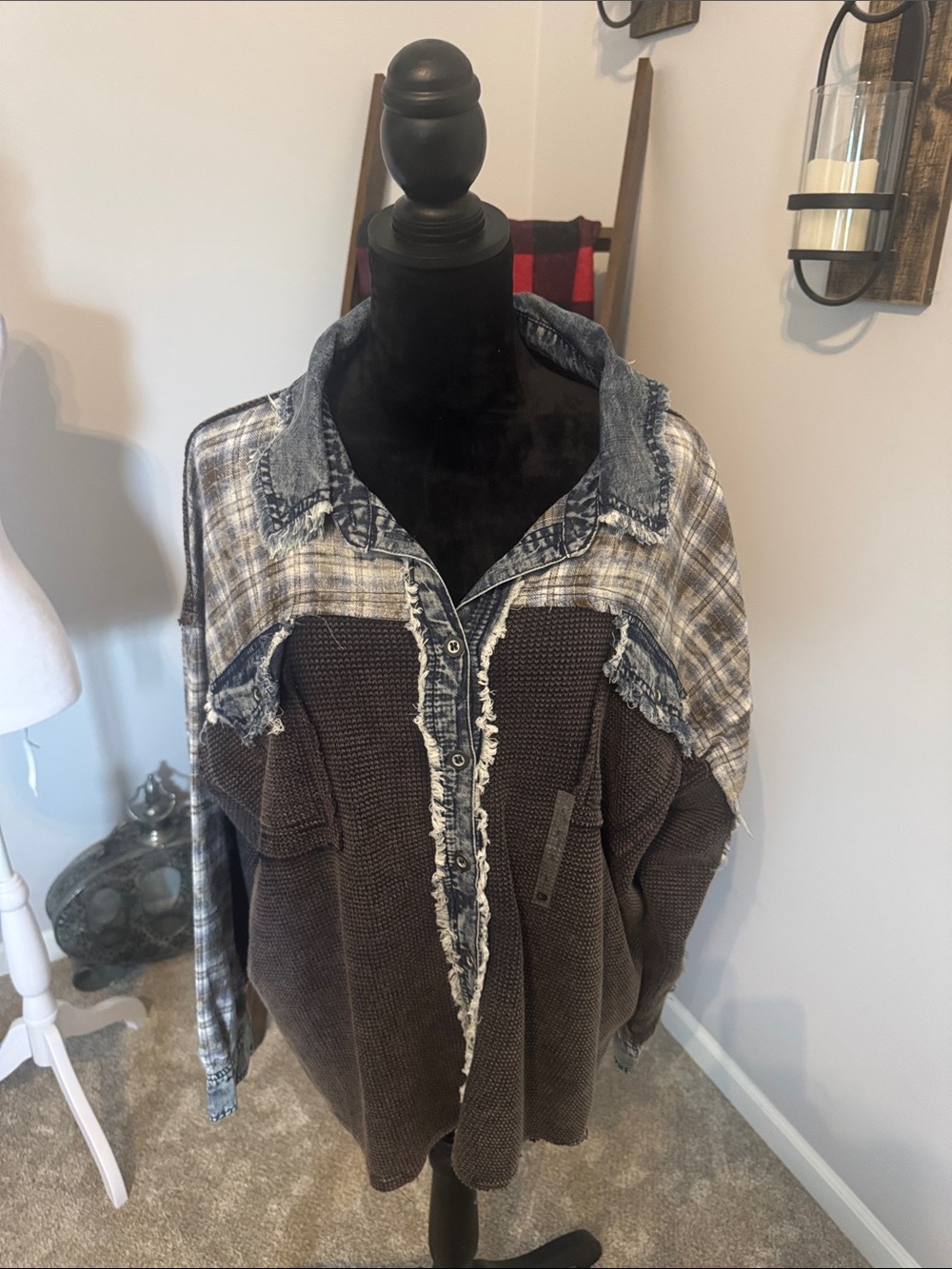 BKE Brown Knit Button-Down with Plaid Yoke and Distressed Denim Trim